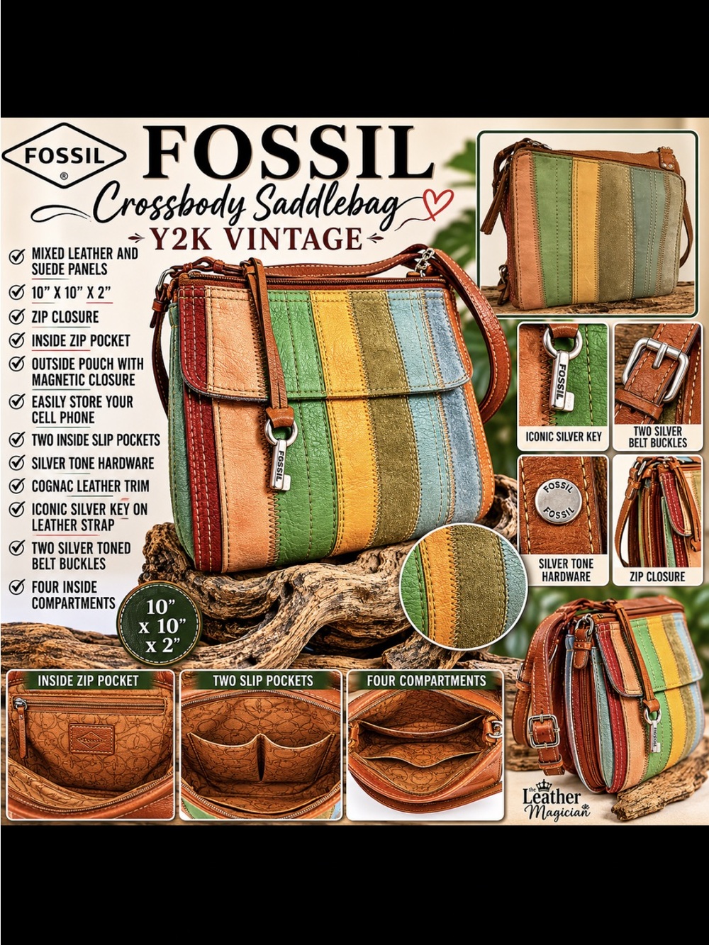 Fossil Y2K Vintage Patchwork Leather Crossbody Saddlebag Key Charm NWOT